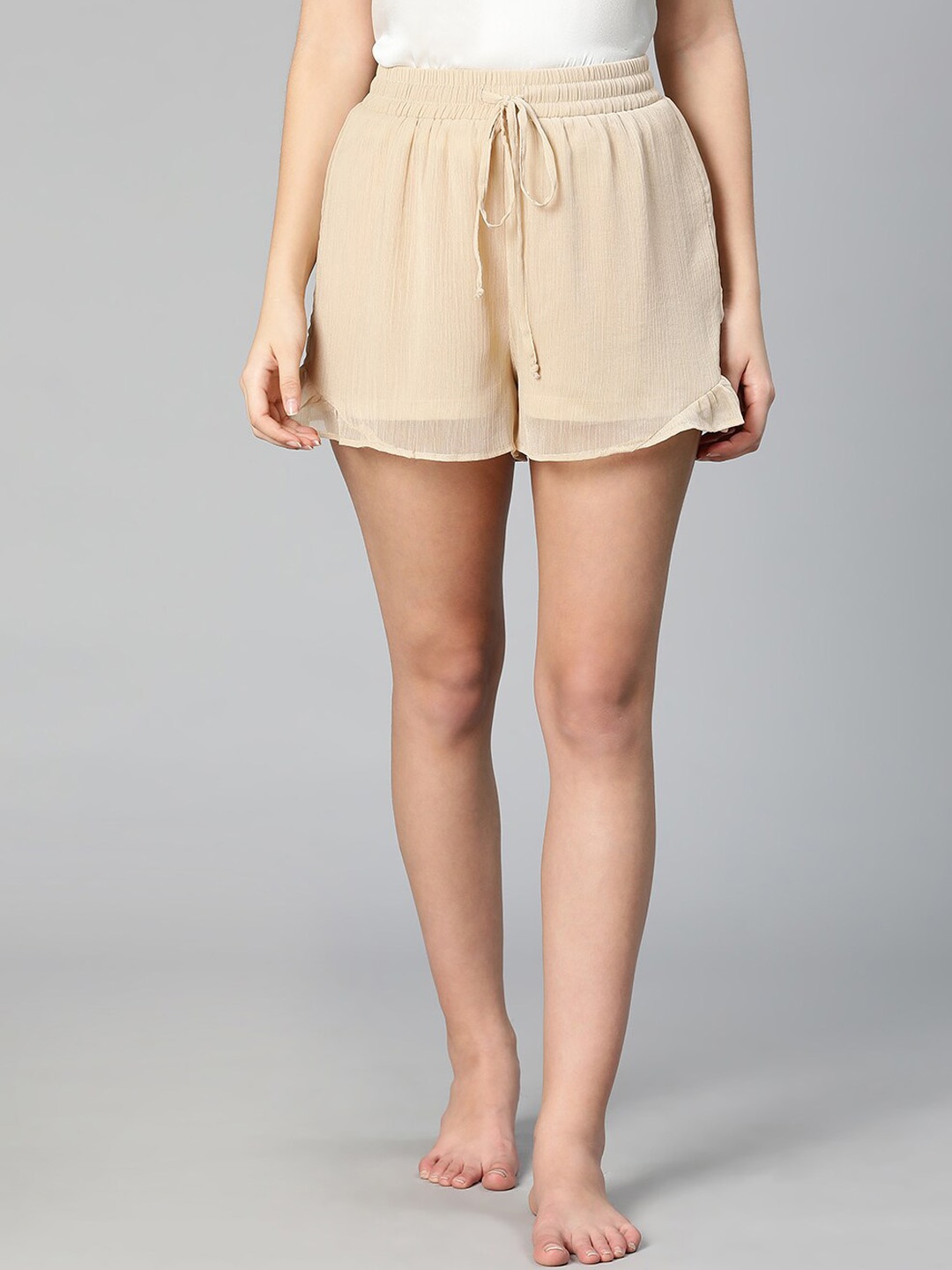 

Oxolloxo Women Loose Fit Ruffled Lounge Shorts, Beige