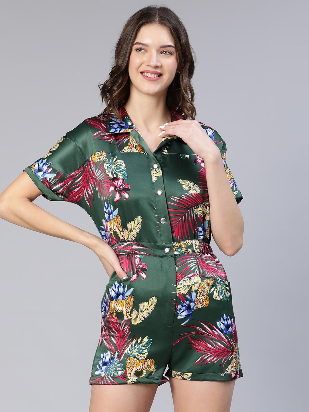 

Oxolloxo Floral Printed Playsuit, Green