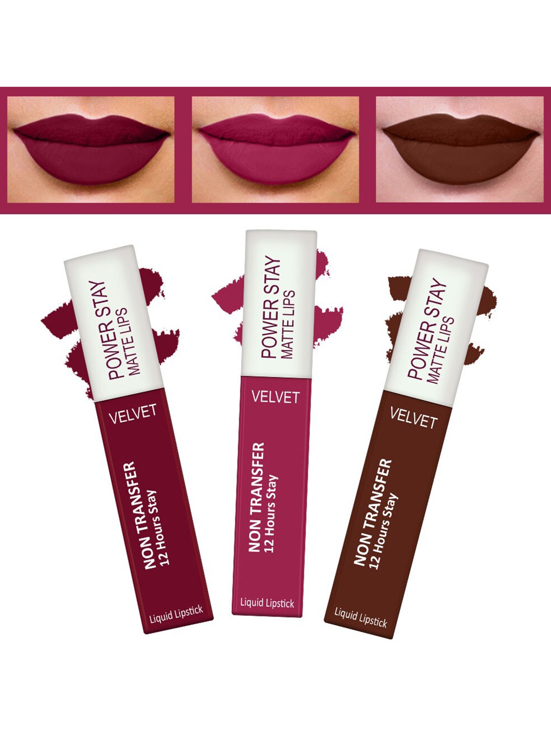 

FORFOR Power Stay Set Of 3 Long Last Waterproof Matte Liquid Lipstick 4 ml Each, Pink