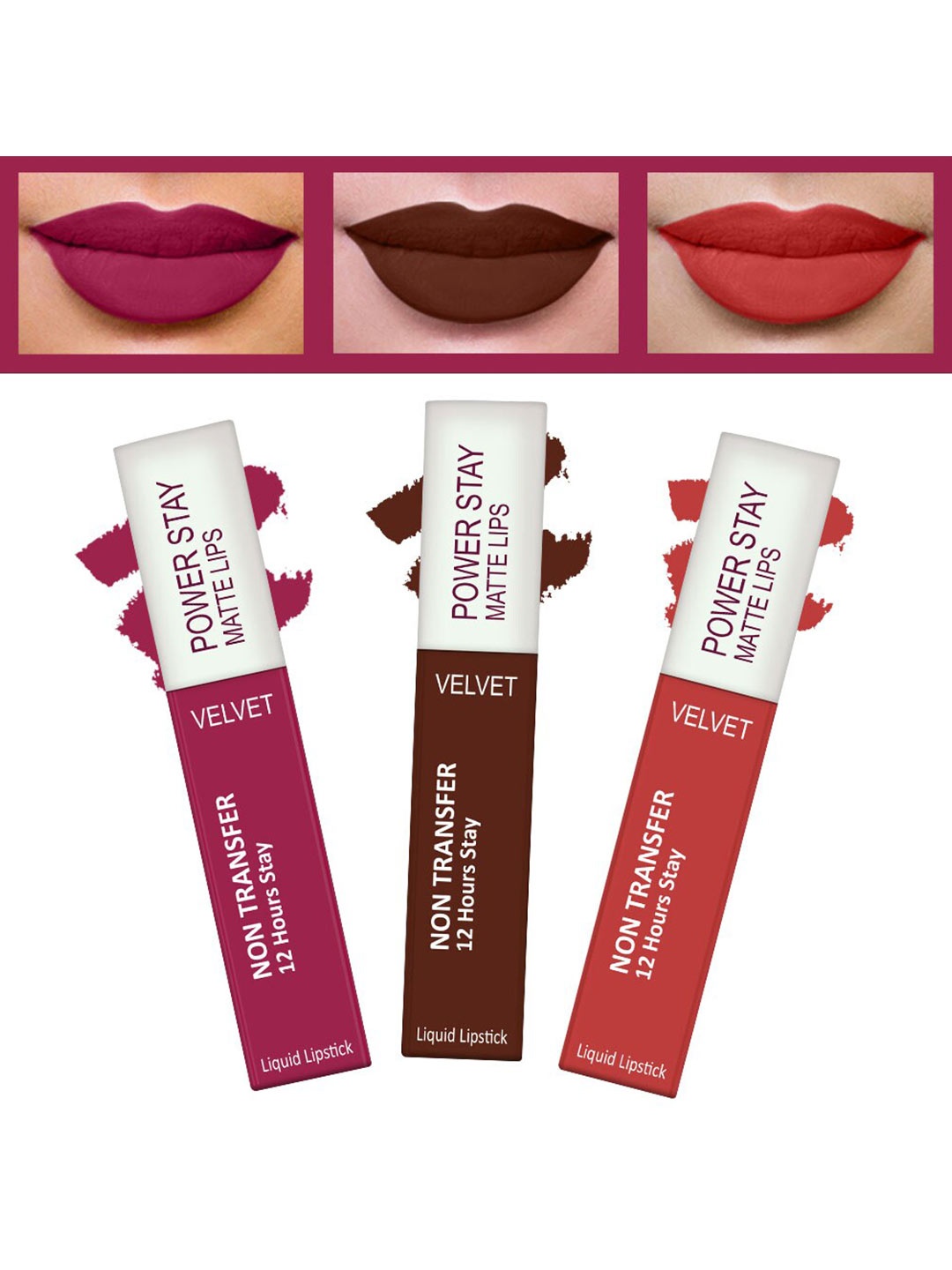 

FORFOR Powerstay Set Of 3 Liquid Waterproof Matte Lipstick 4 ml Each, Pink