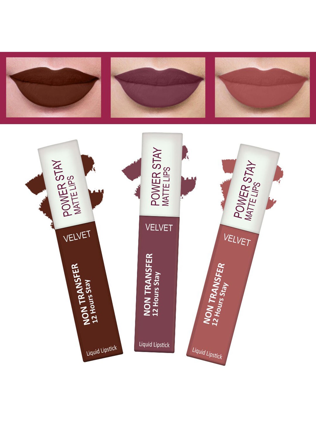 

FORFOR Power Stay Set Of 3 Long Last Matte Liquid Lipstick 4 ml Each, Brown