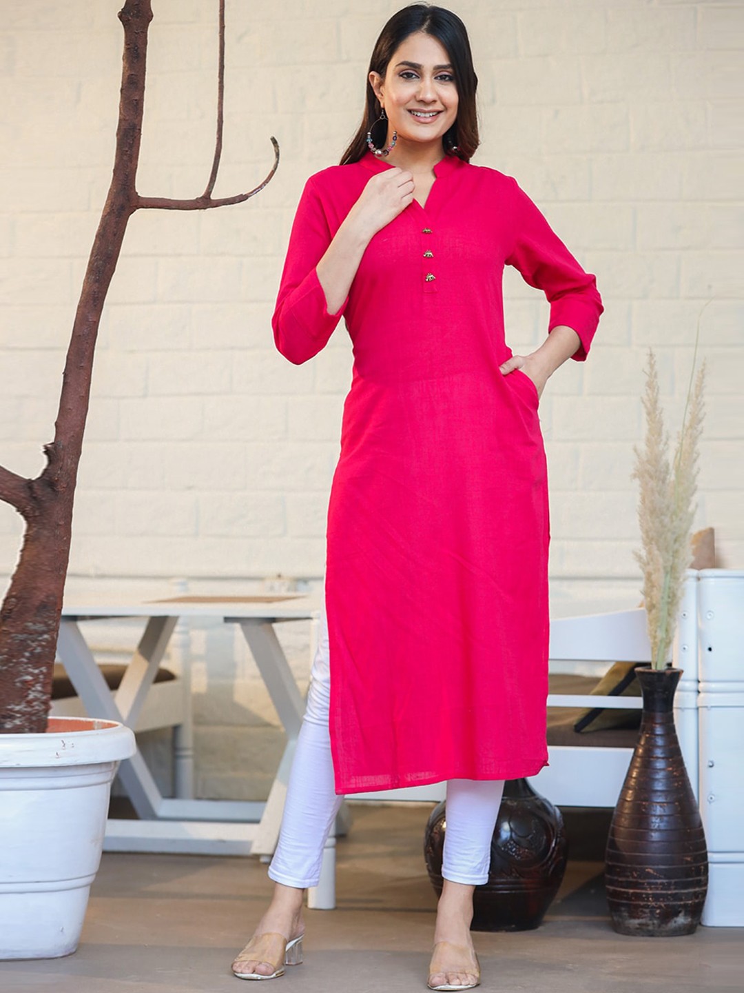 

KAAJH Mandarin collar Cotton Kurta, Pink