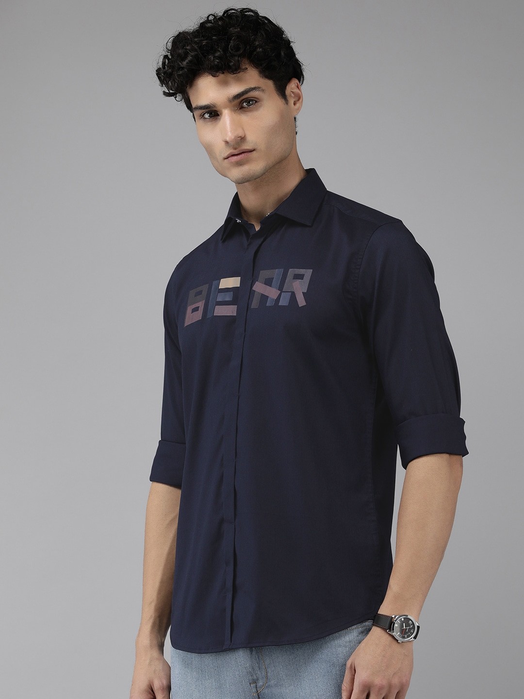 

THE BEAR HOUSE Slim Fit Printed Casual Shirt, Navy blue
