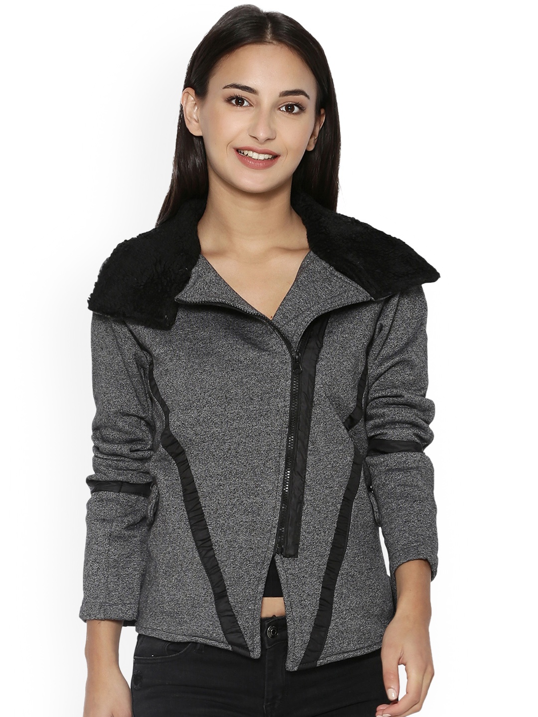 

Campus Sutra Women Charcoal Grey Self Design Quilted Jacket