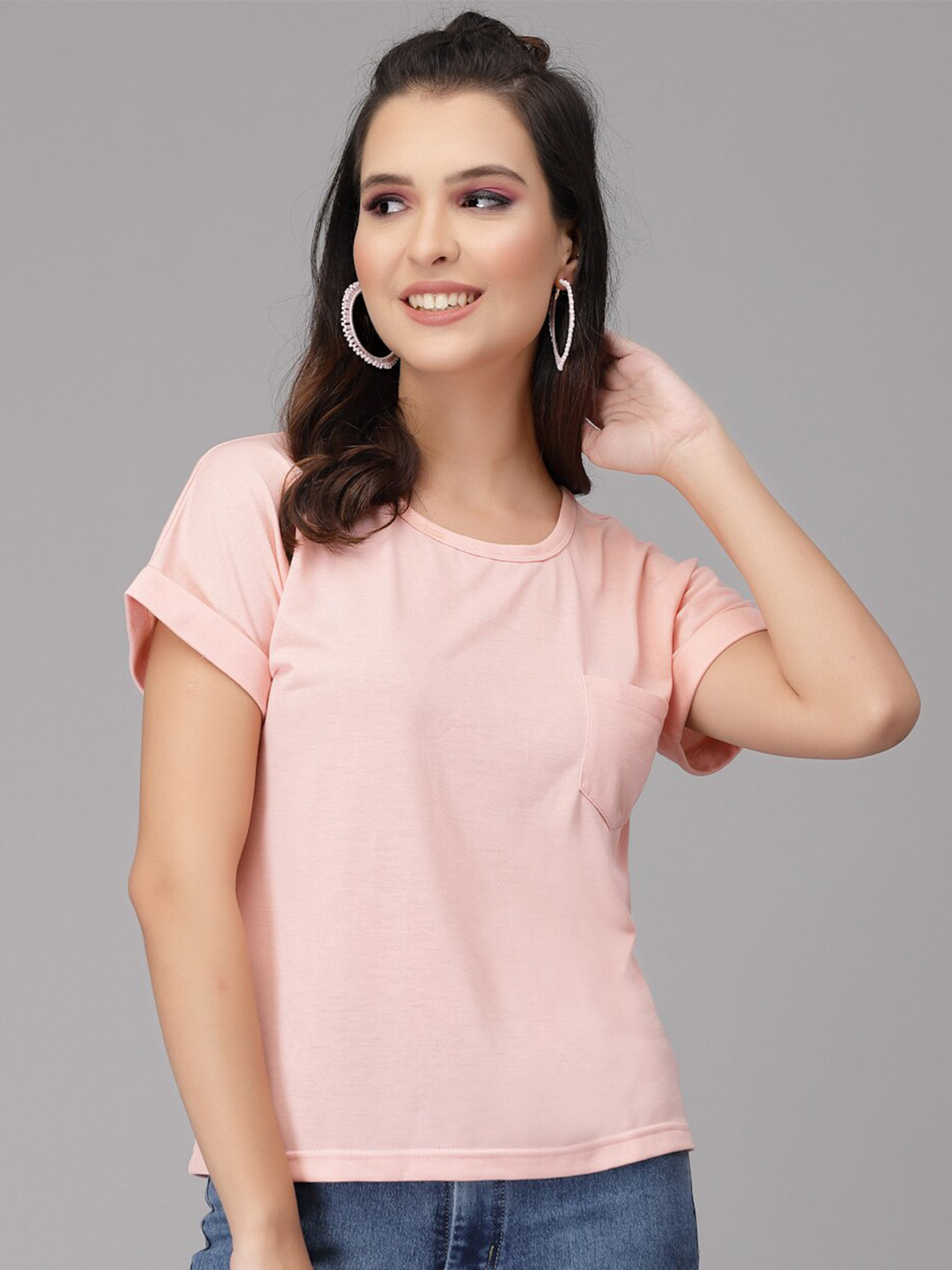 

HILL STREET Women Cotton Pocket T-Shirt, Pink