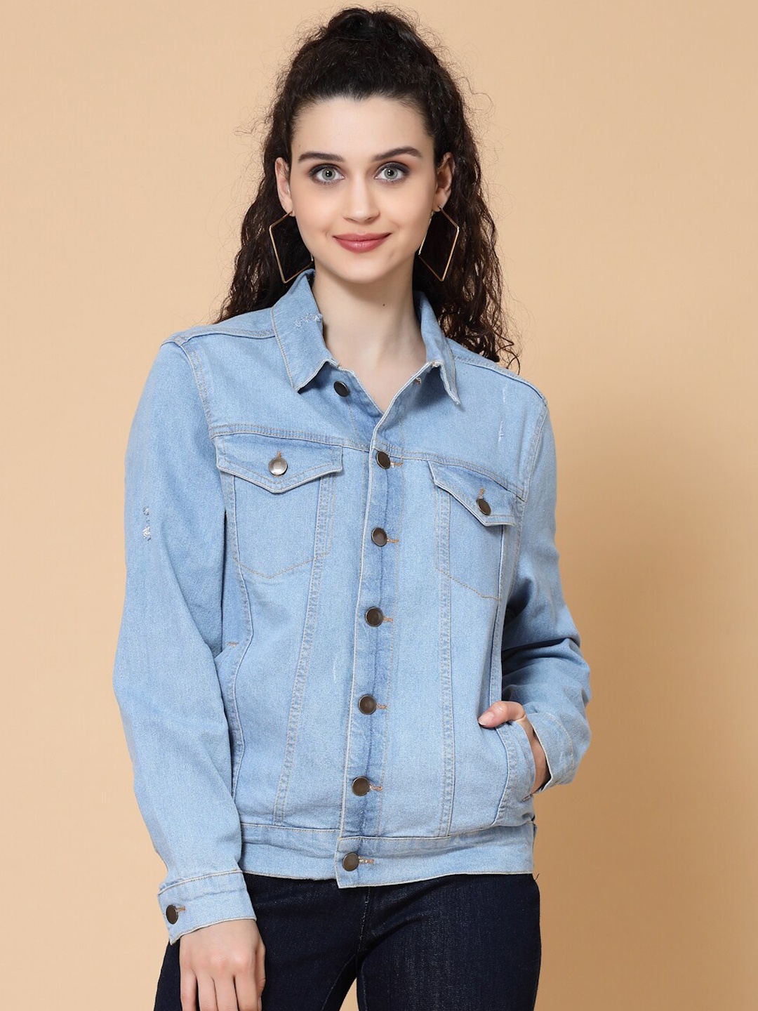 

HOUSE OF KKARMA Women Washed Denim Jacket, Blue