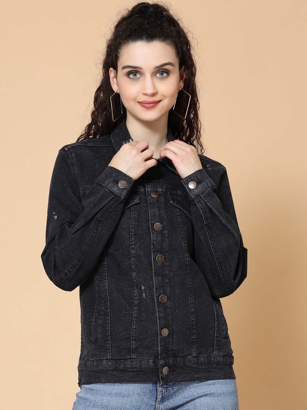 

HOUSE OF KKARMA Women Solid Washed Denim Jacket, Black