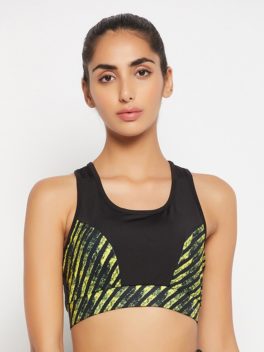 

Clovia Medium Impact Padded Striped Racerback Active Sports Bra, Black