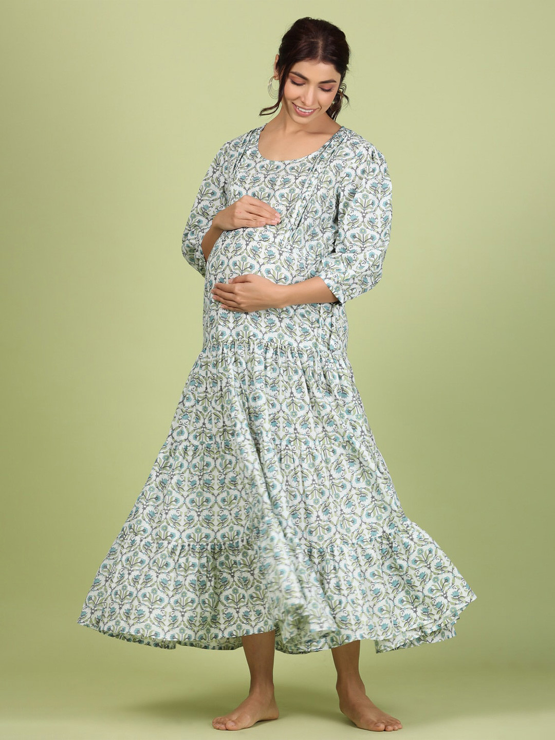

JISORA Floral Printed Round Neck Maxi Cotton Dress, White