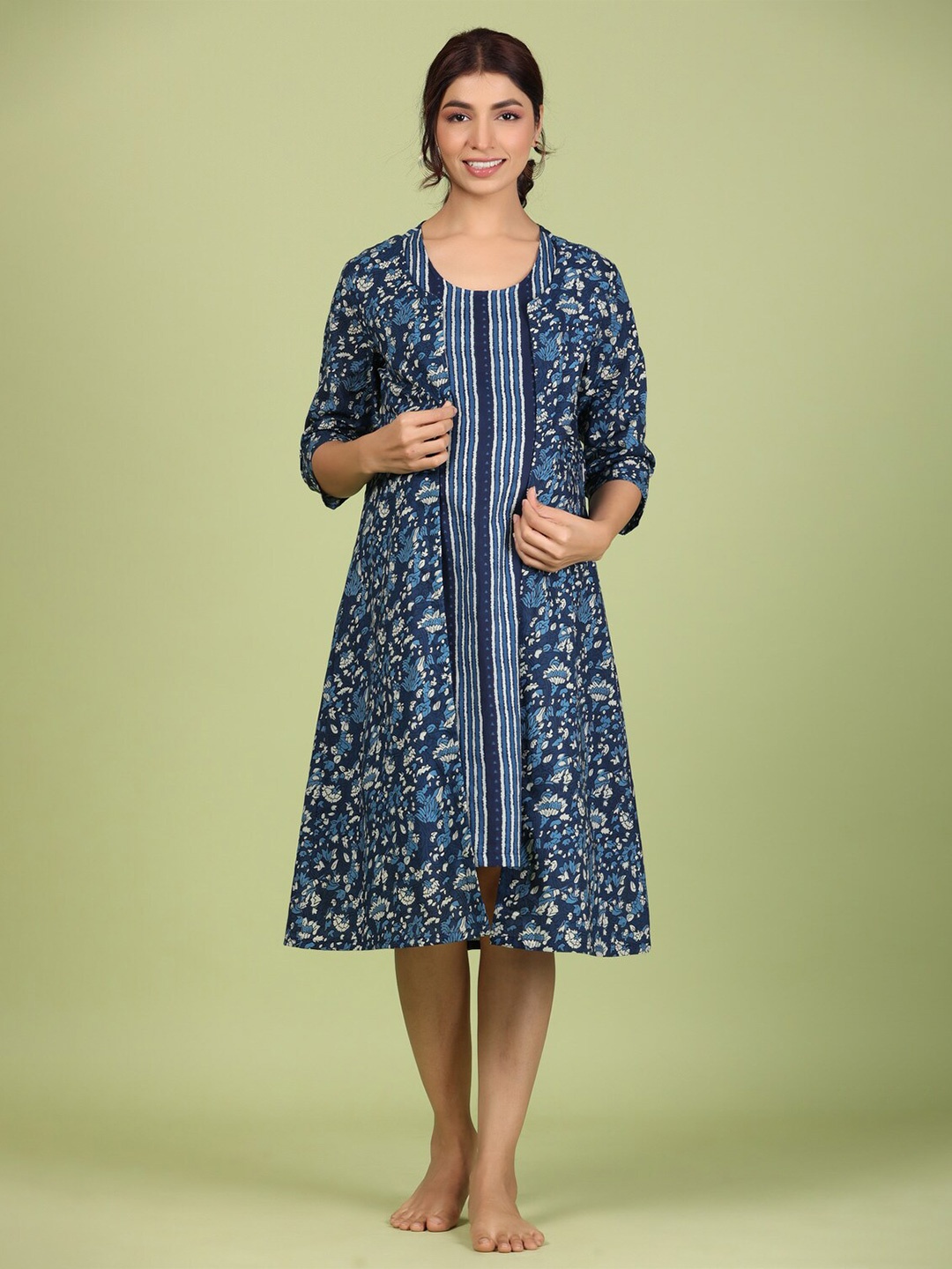 

JISORA Floral Printed Round Neck A-Line Cotton Dress, Blue