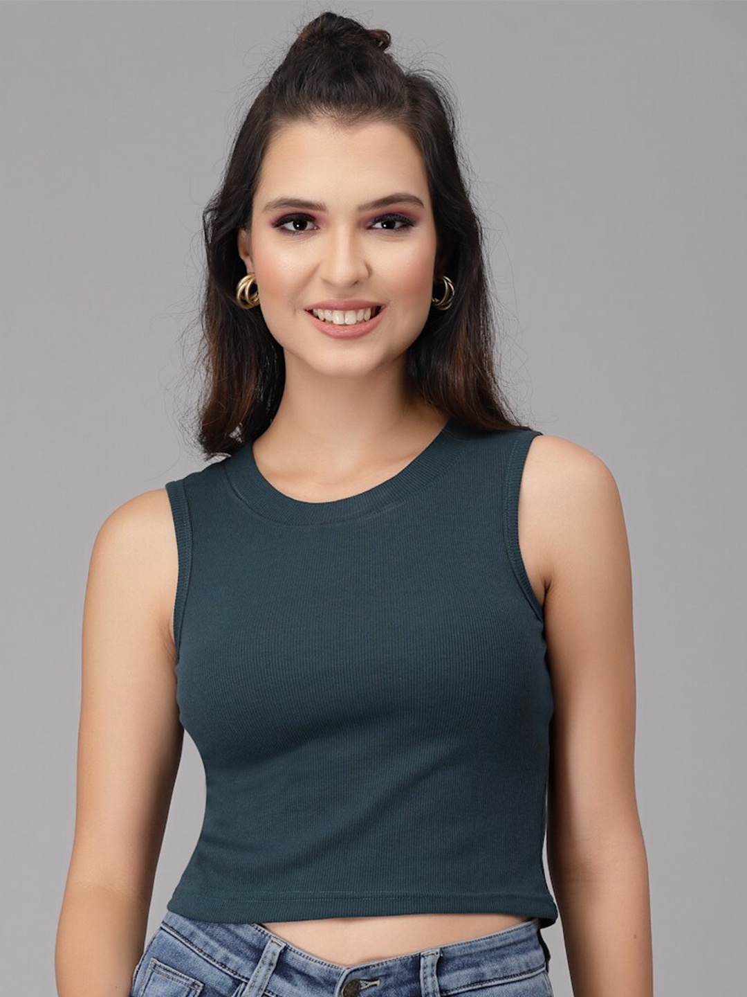 

HILL STREET Green Pure Cotton Ribbed Crop Top