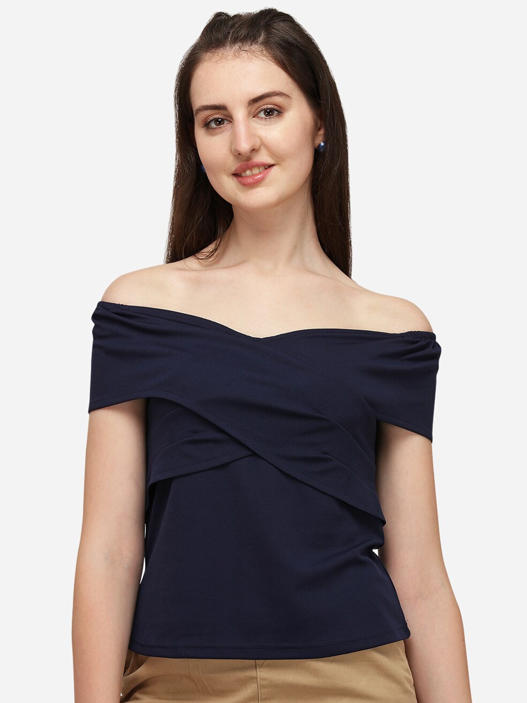 

Amrutam Fab Off-Shoulder Wrap Crepe Top, Navy blue