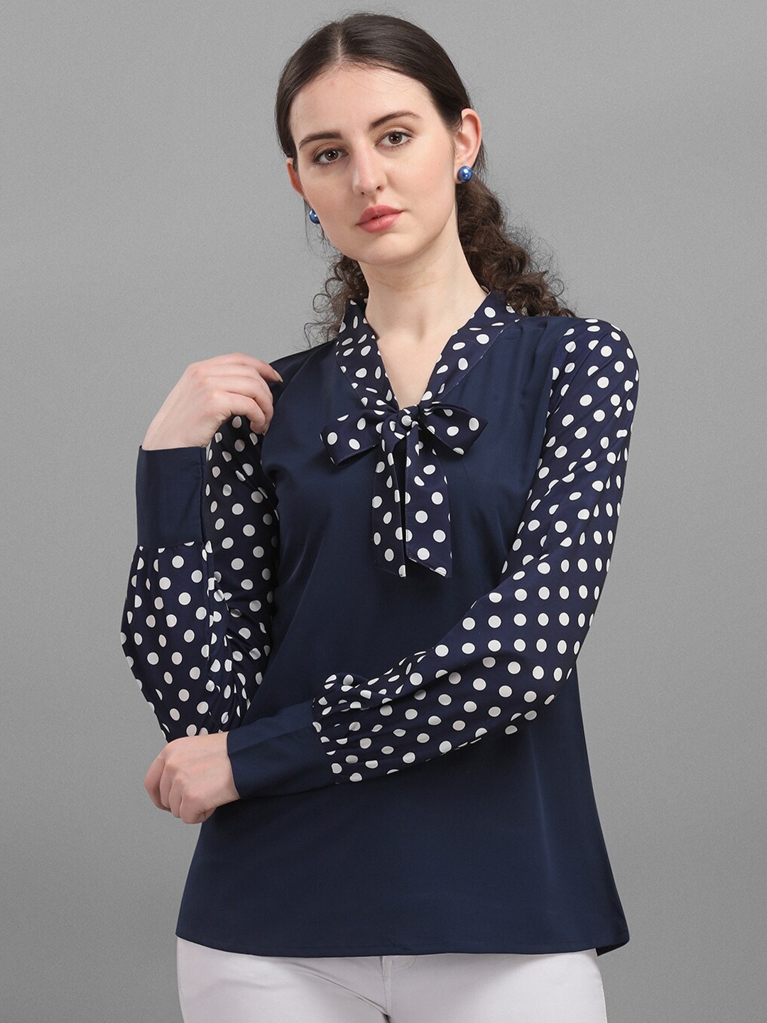 

Amrutam Fab Printed Tie-Up Neck Top, Navy blue
