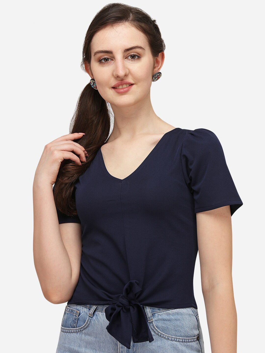 

Amrutam Fab Fringed Crepe Casual Top, Navy blue