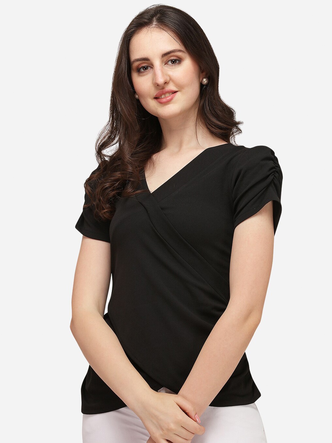 

Amrutam Fab Black Twisted Crepe Wrap Top