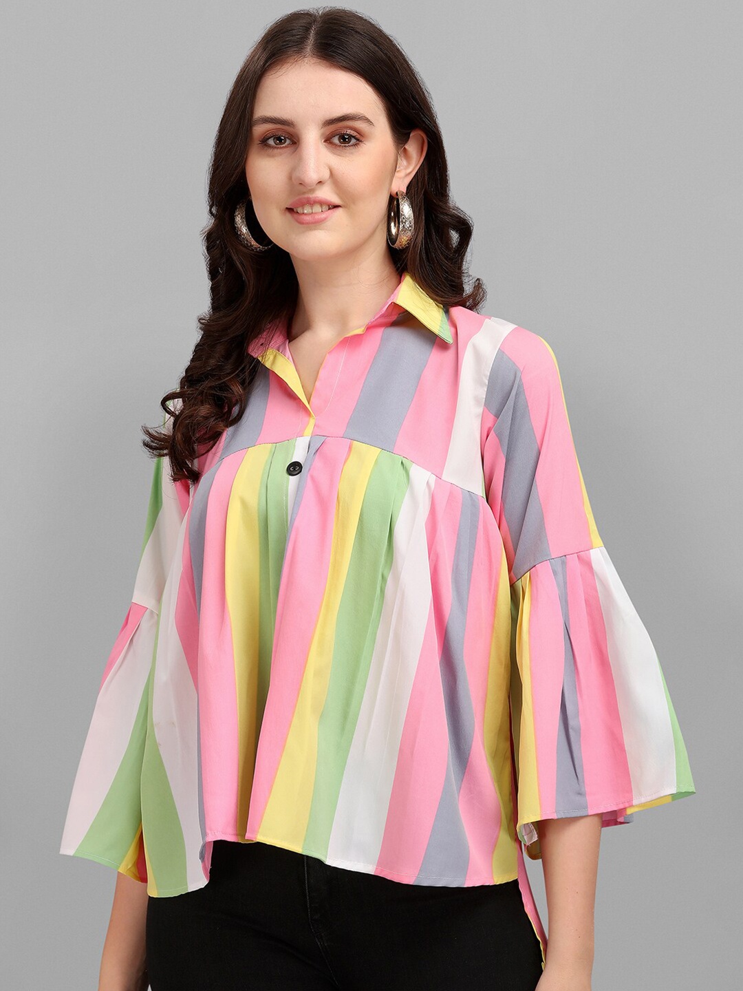 

Amrutam Fab Green Striped Crepe Shirt Style Top