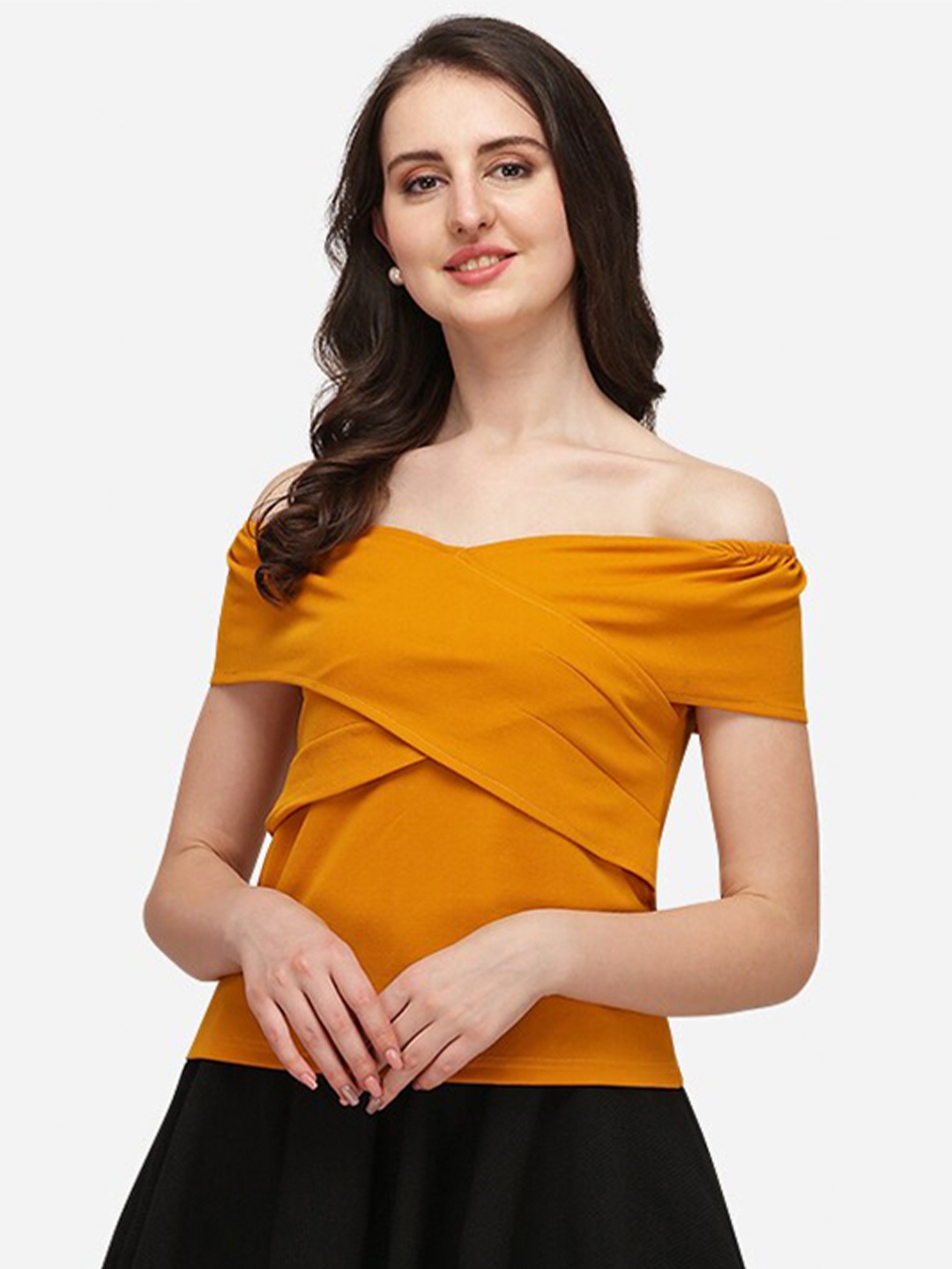 

Amrutam Fab Off-Shoulder Twisted Crepe Bardot Top, Mustard