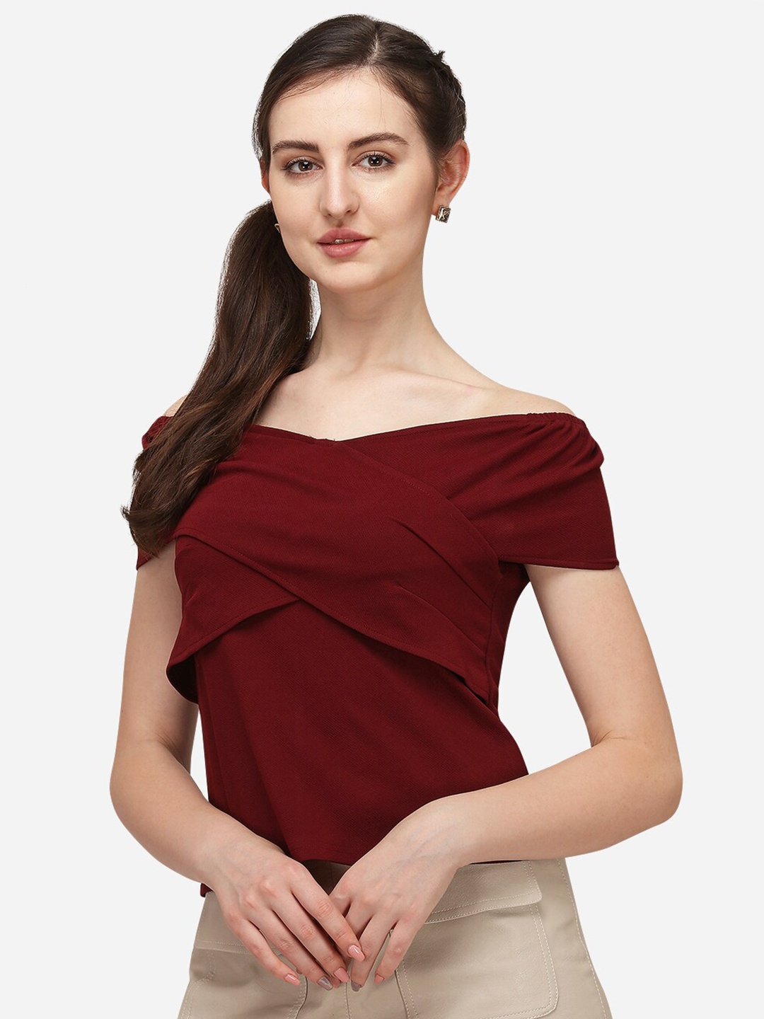 

Amrutam Fab Off-Shoulder Crepe Wrap Top, Maroon