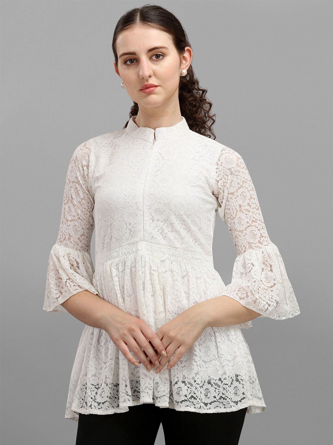 

Amrutam Fab Mandarin Collar Net Peplum Top, White