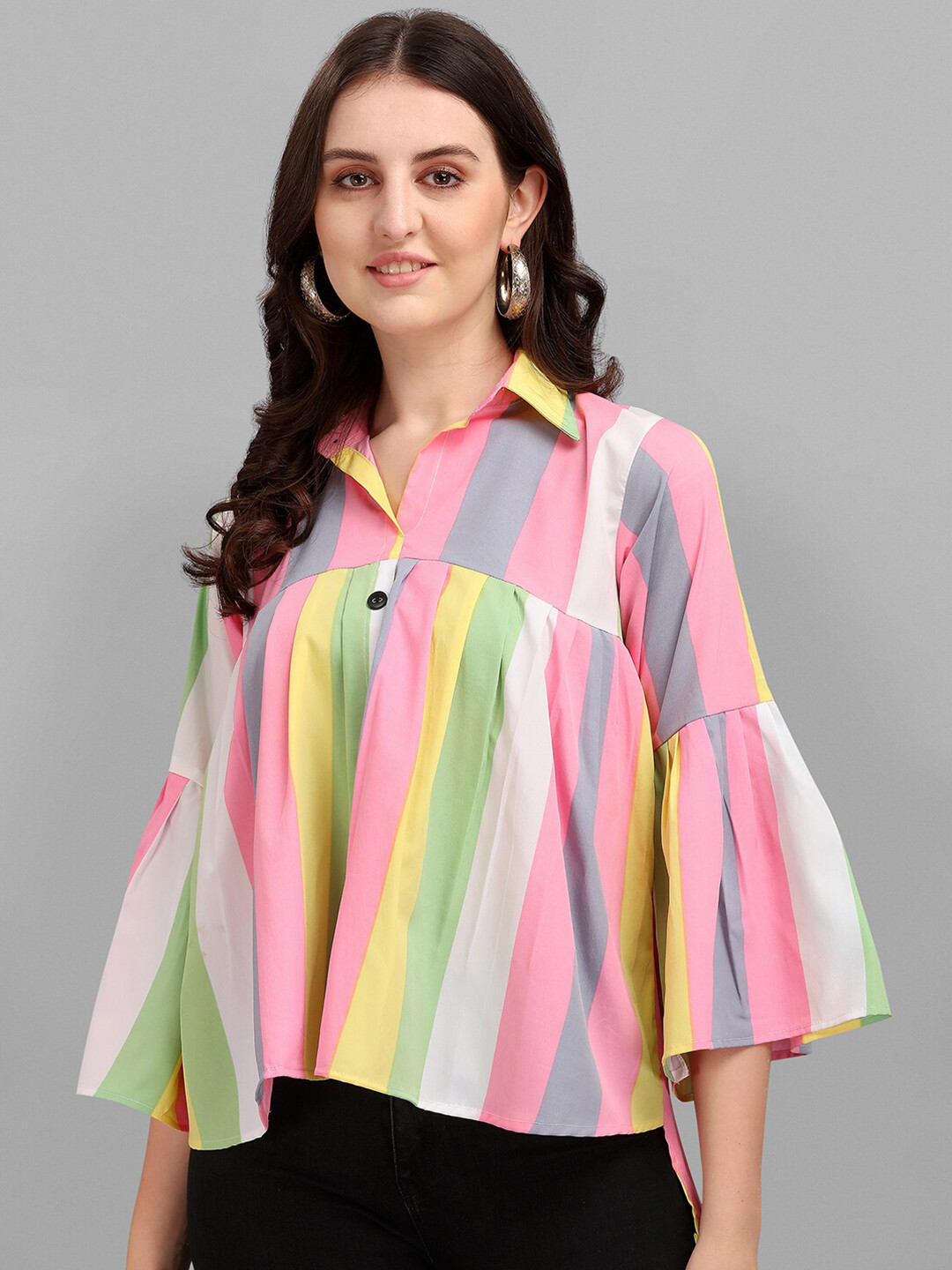 

Amrutam Fab Striped Shirt Style Top, Green