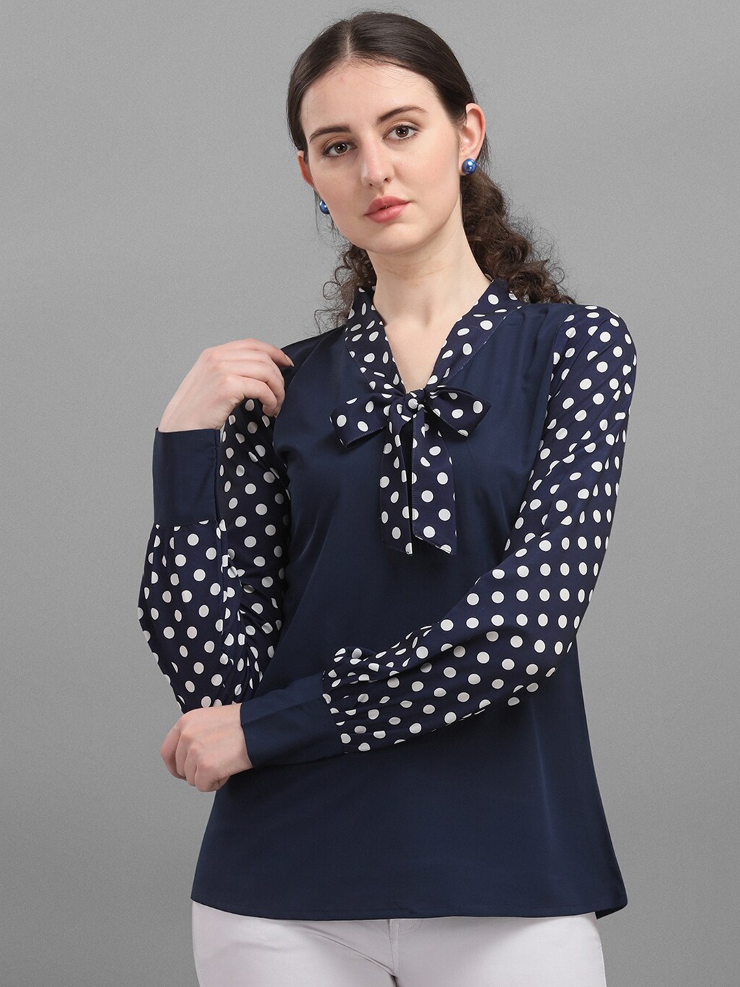 

Amrutam Fab Printed Tie-Up Neck Top, Navy blue