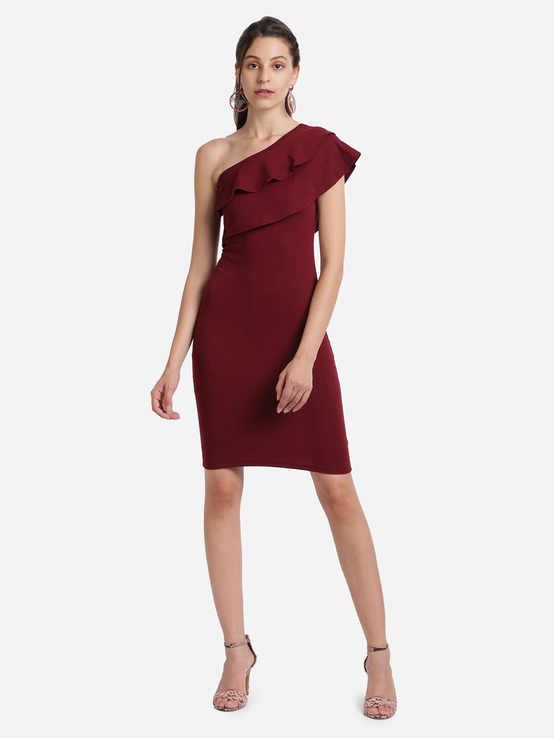 

Amrutam Fab Maroon One Shoulder Ruffles Crepe Longline Top