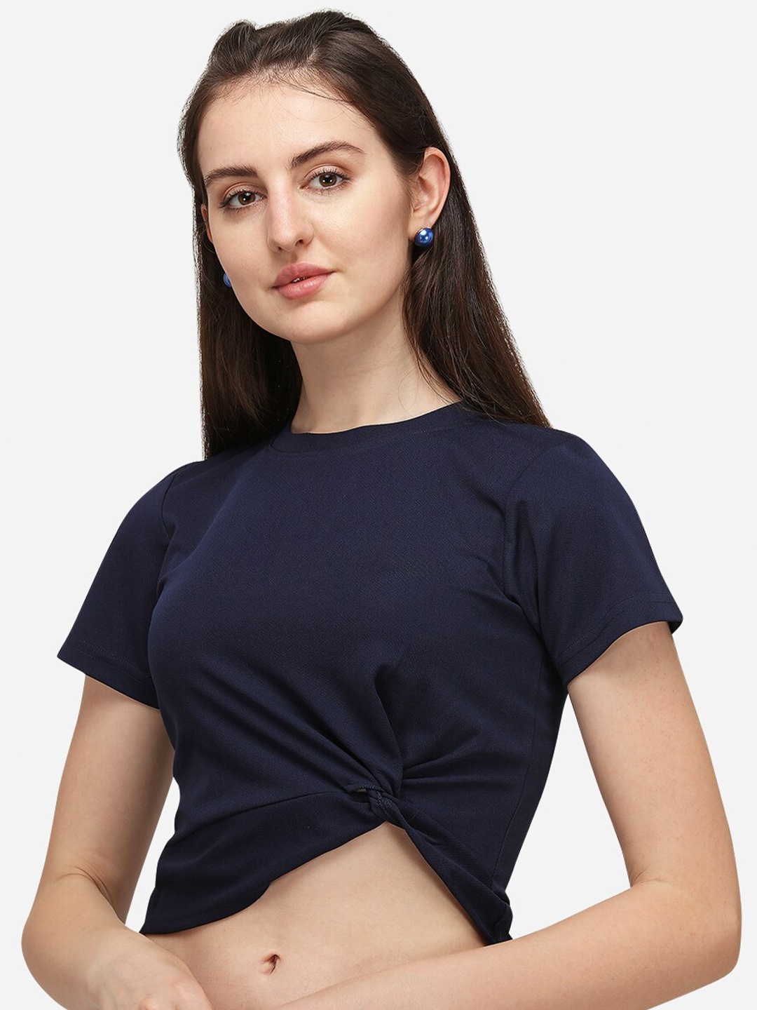 

Amrutam Fab Round Neck Twisted Crepe Crop Top, Navy blue