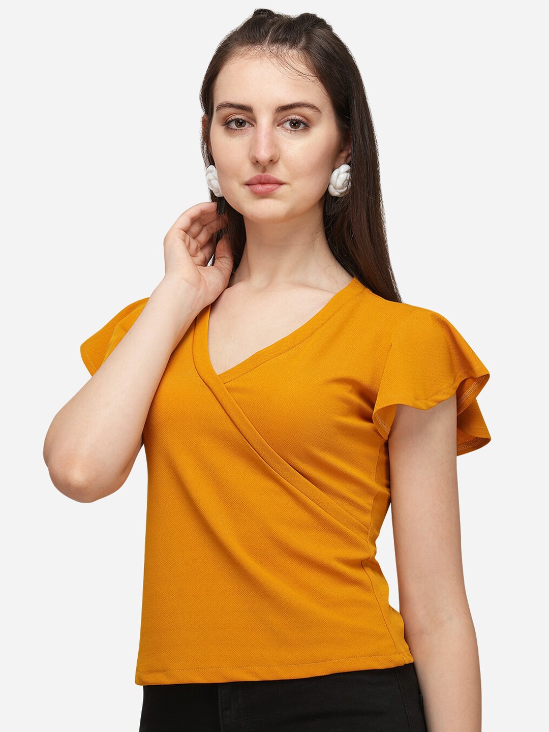 

Amrutam Fab V-Neck Flutter Sleeves Crepe Regular Top, Mustard