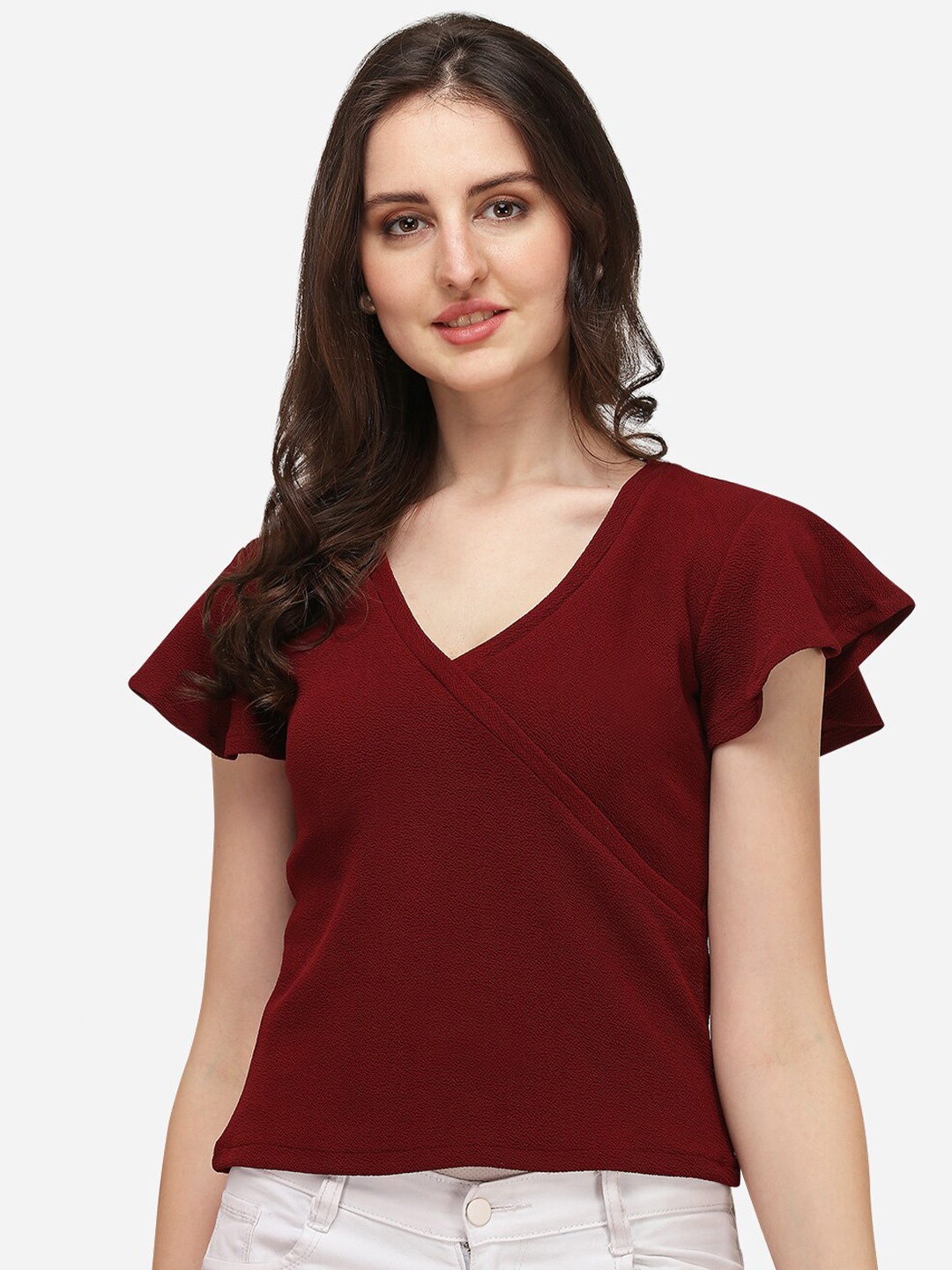 

Amrutam Fab V-Neck Flutter Sleeves Crepe Regular Top, Maroon