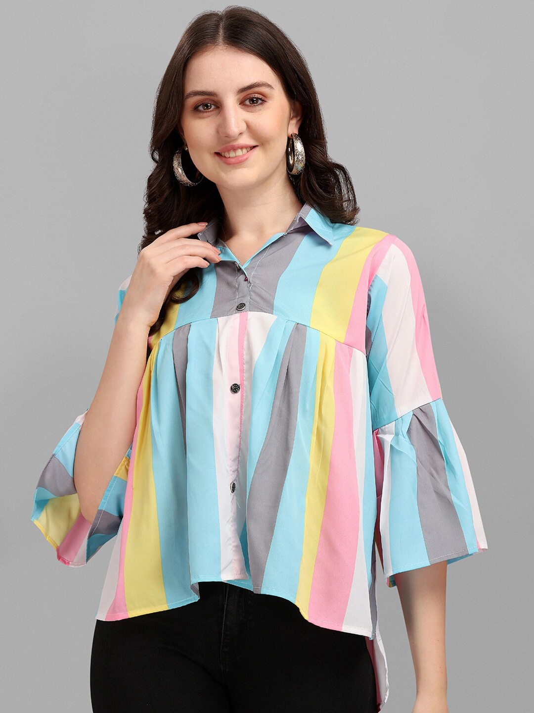 

Amrutam Fab Vertical Striped Crepe Shirt Style Top, Turquoise blue