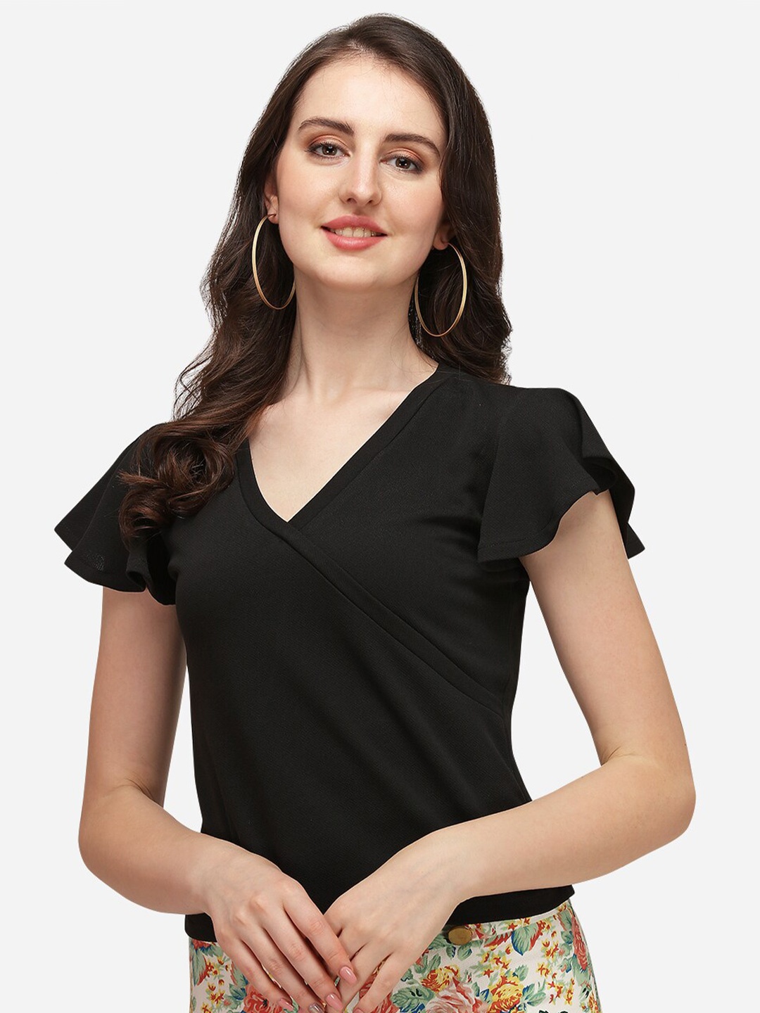 

Amrutam Fab V-Neck Flutter Sleeves Crepe Regular Top, Black
