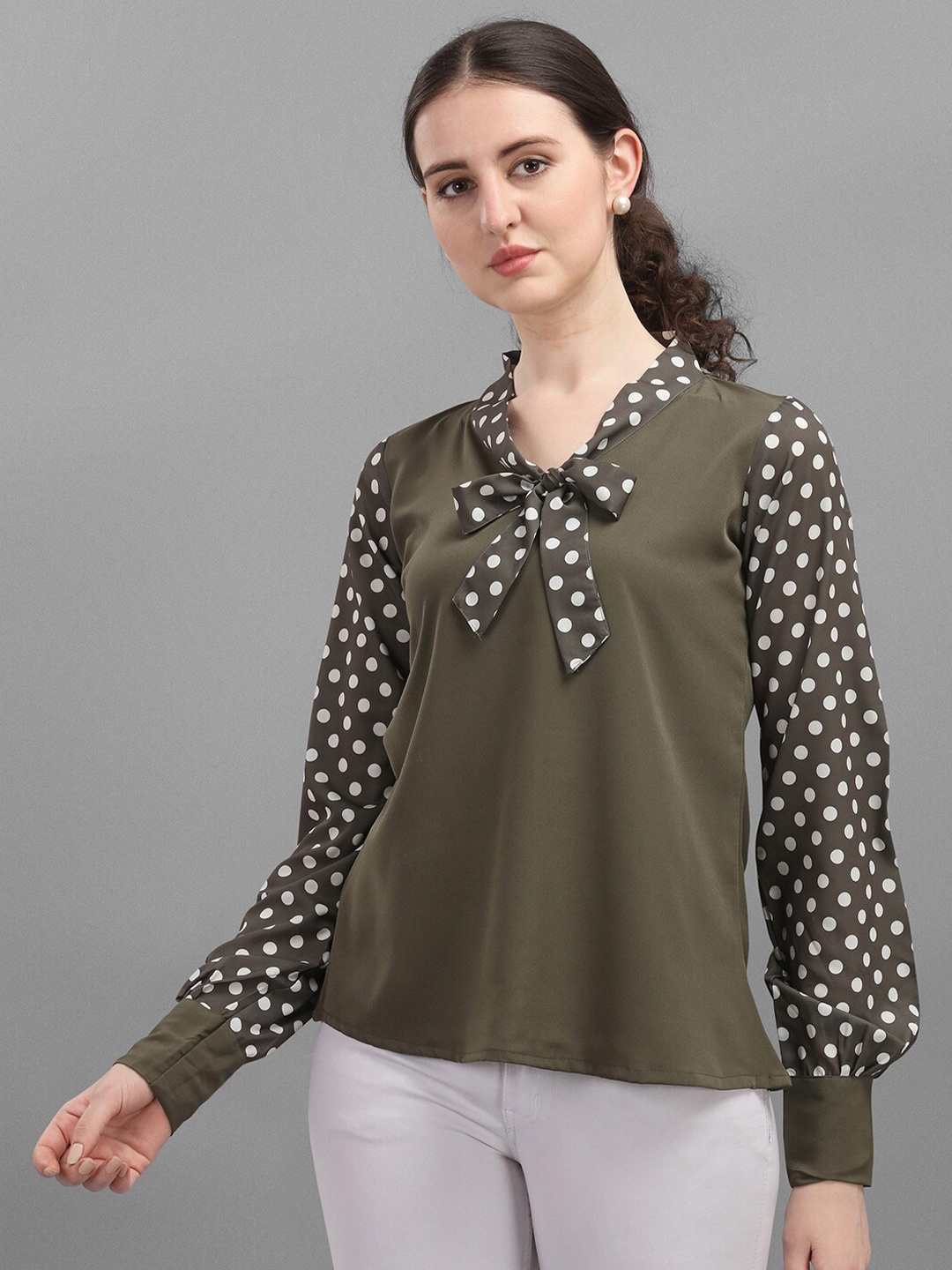 

Amrutam Fab Printed Tie-Up Neck Top, Olive