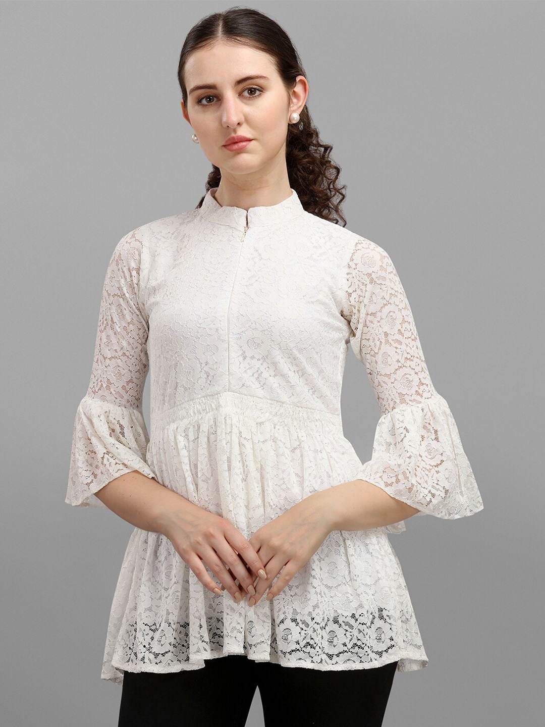 

Amrutam Fab Mandarin Collar Net Peplum Top, White