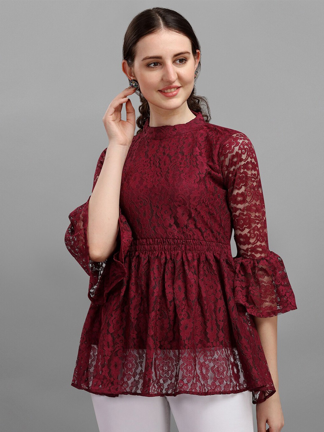 

Amrutam Fab Mandarin Collar Net Peplum Top, Maroon
