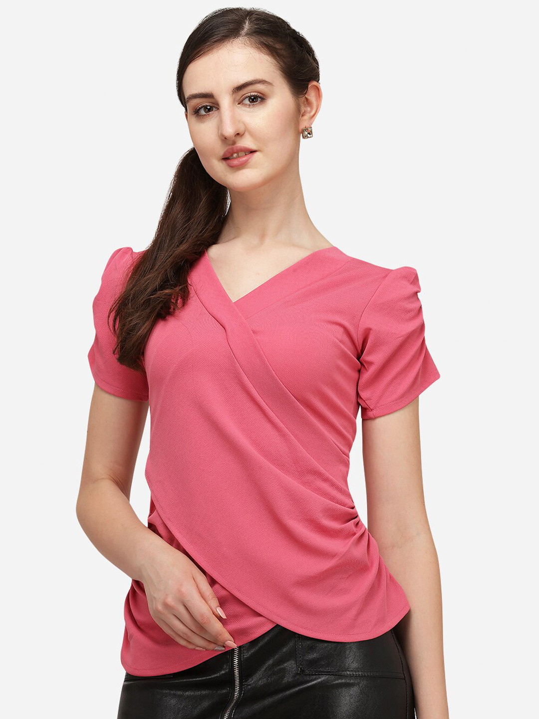 

Amrutam Fab Women Twisted Crepe Wrap Top, Pink
