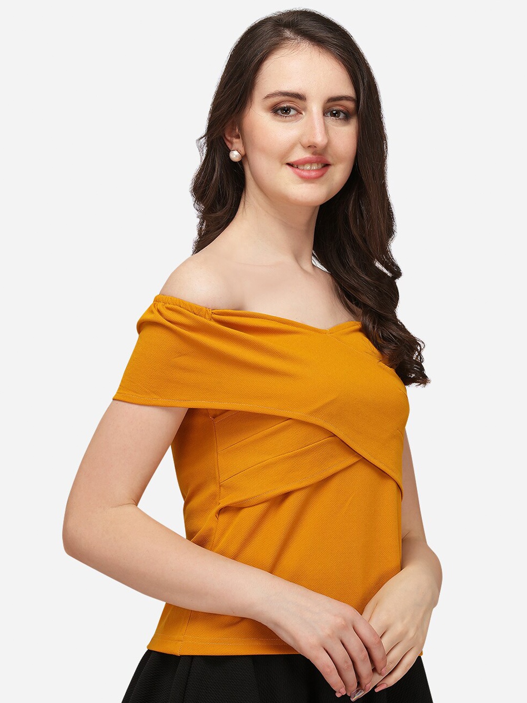 

Amrutam Fab Mustard Yellow Off-Shoulder Twisted Crepe Bardot Top