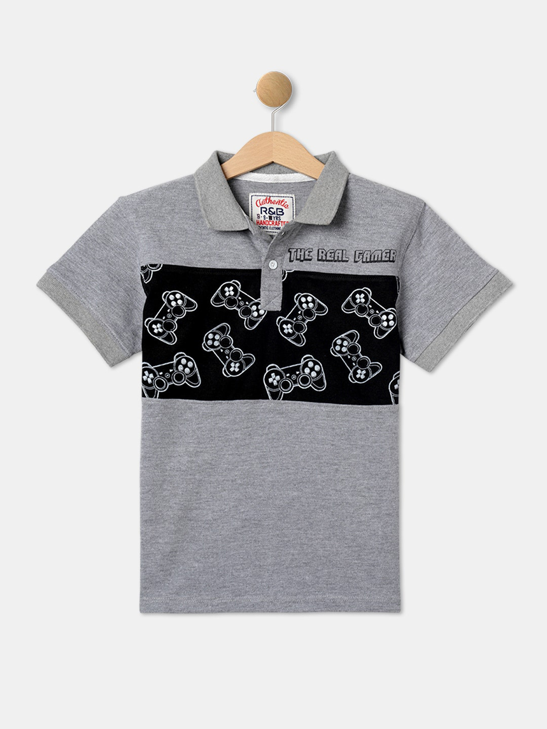 

R&B Boys Printed Polo Collar Cotton T-shirt, Grey
