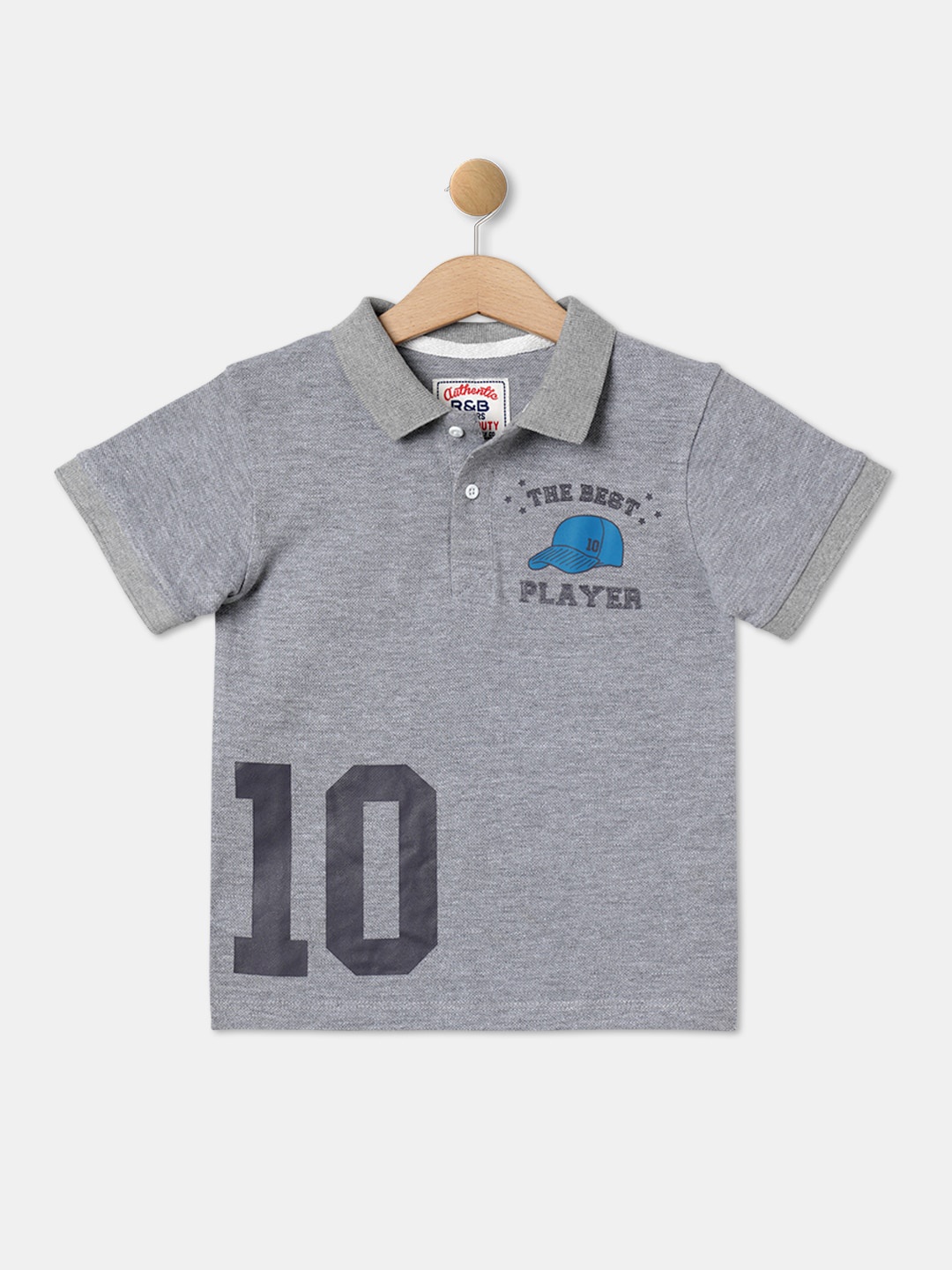 

R&B Boys Printed Polo Collar Cotton T-shirt, Grey