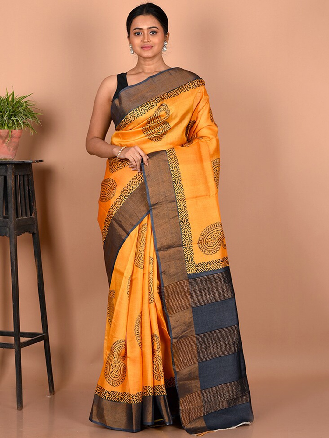 

AllSilks Paisley Zari Silk Blend Tussar Saree, Yellow
