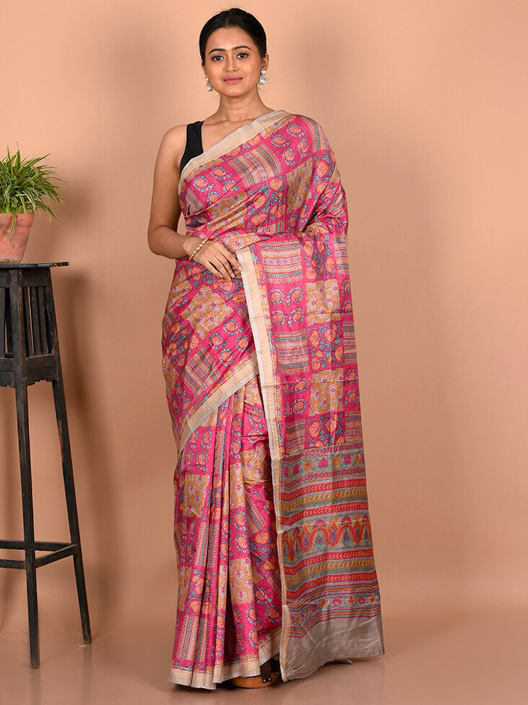 

AllSilks Pink & Blue Floral Pure Silk Saree