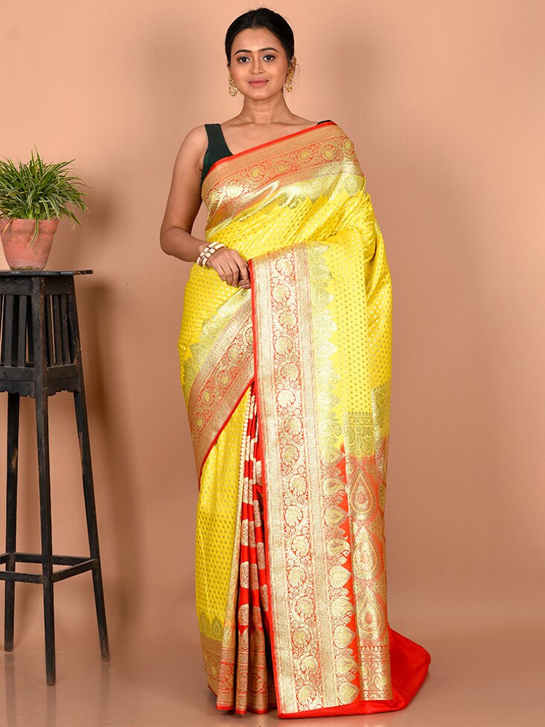 

AllSilks Woven Design Zari Silk Blend Banarasi Saree, Yellow