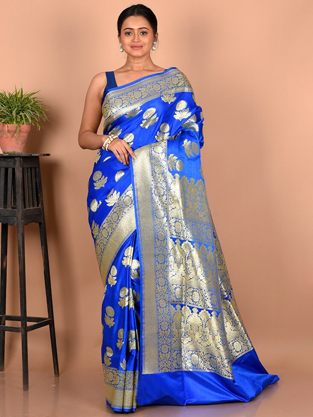 

AllSilks Woven Design Zari Silk Blend Banarasi Saree, Blue