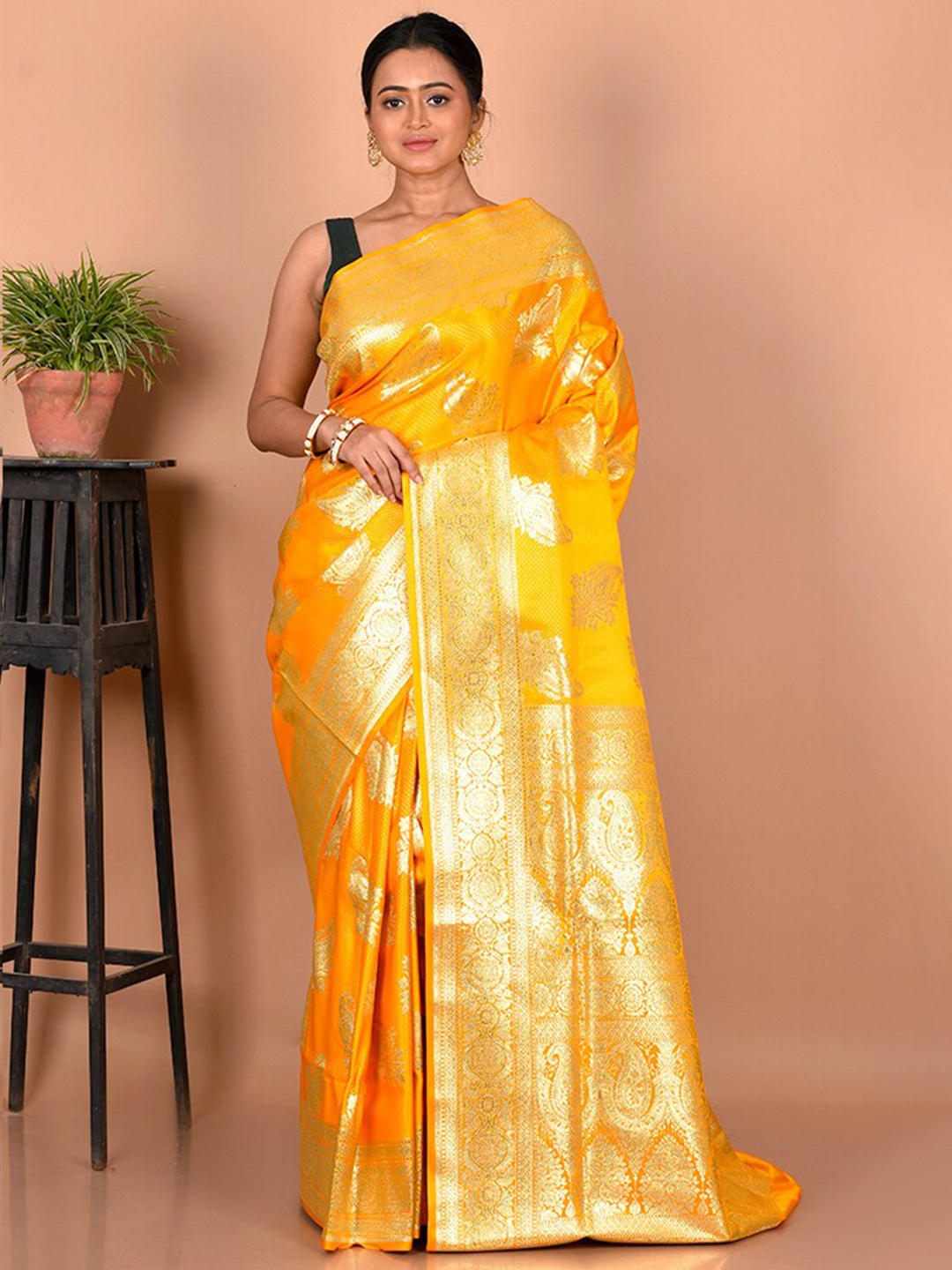 

AllSilks Ethnic Motifs Zari Banarasi Silk Blend Saree, Yellow