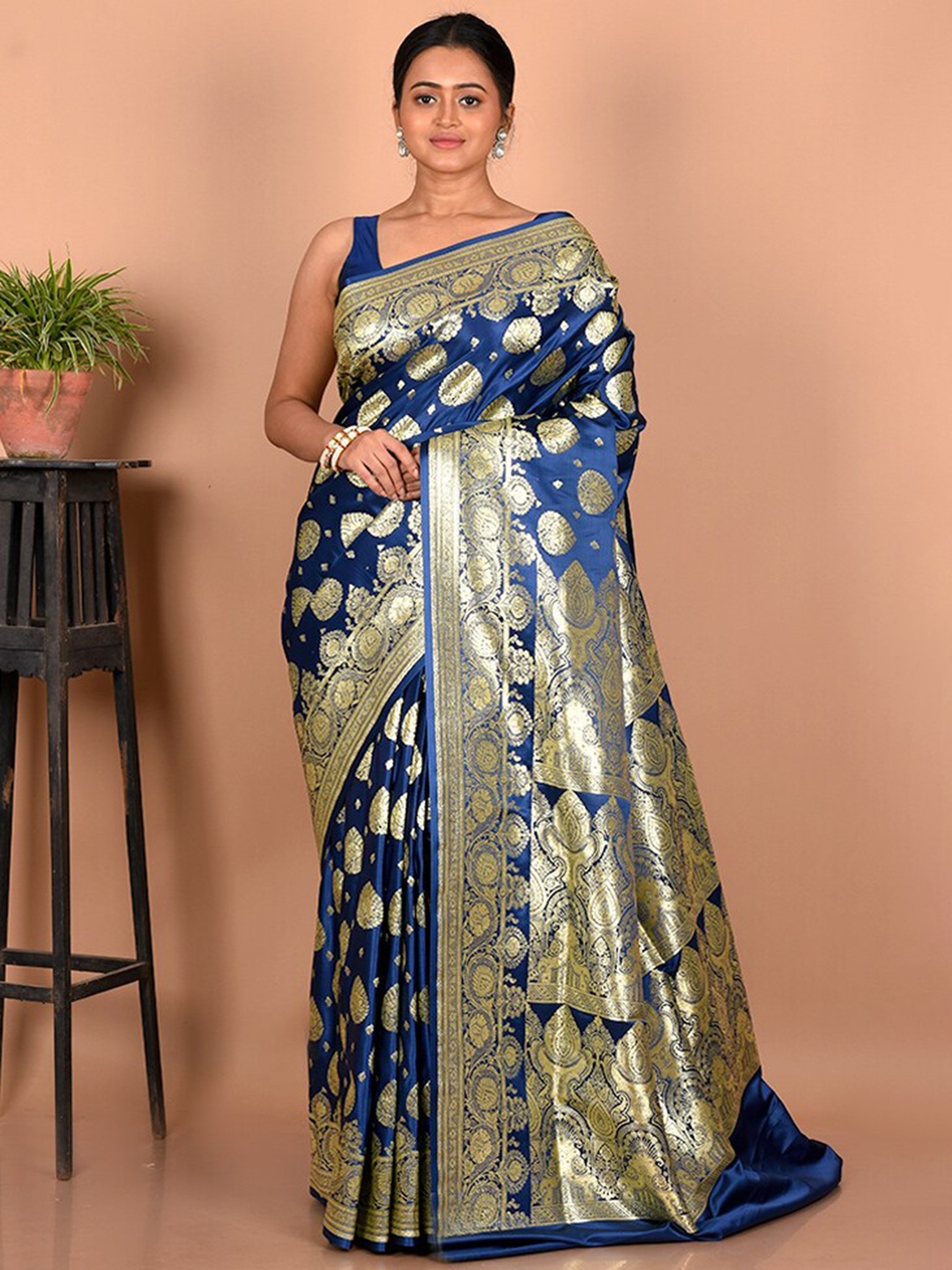 

AllSilks Ethnic Motifs Zari Banarasi Silk Blend Saree, Blue