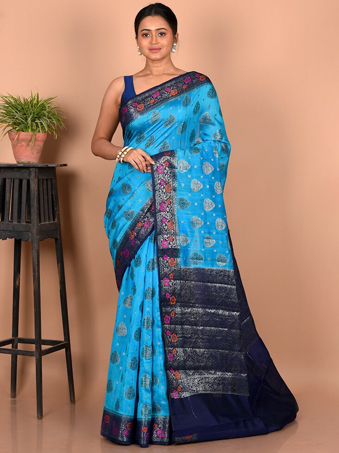 

AllSilks Ethnic Motifs Zari Silk Blend Saree, Blue