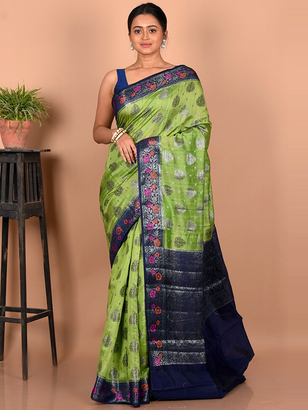 

AllSilks Ethnic Motifs Zari Silk Blend Saree, Green