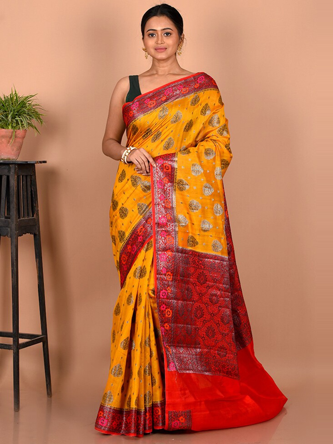 

AllSilks Ethnic Motifs Zari Silk Blend Saree, Yellow
