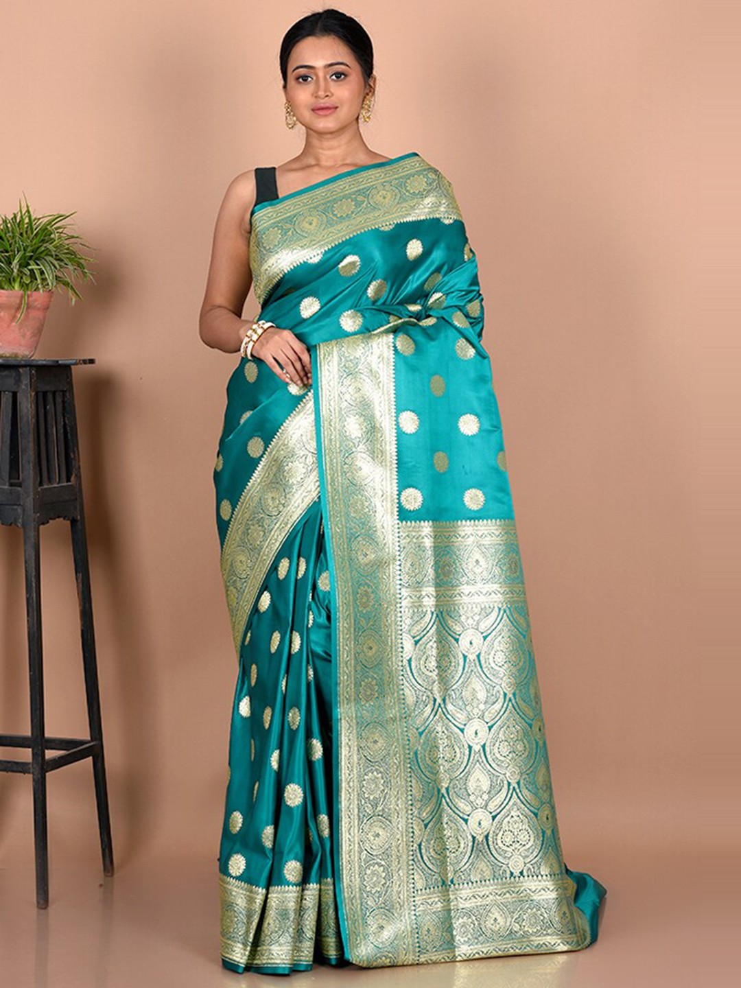 

AllSilks Ethnic Motifs Zari Banarasi Silk Blend Saree, Teal