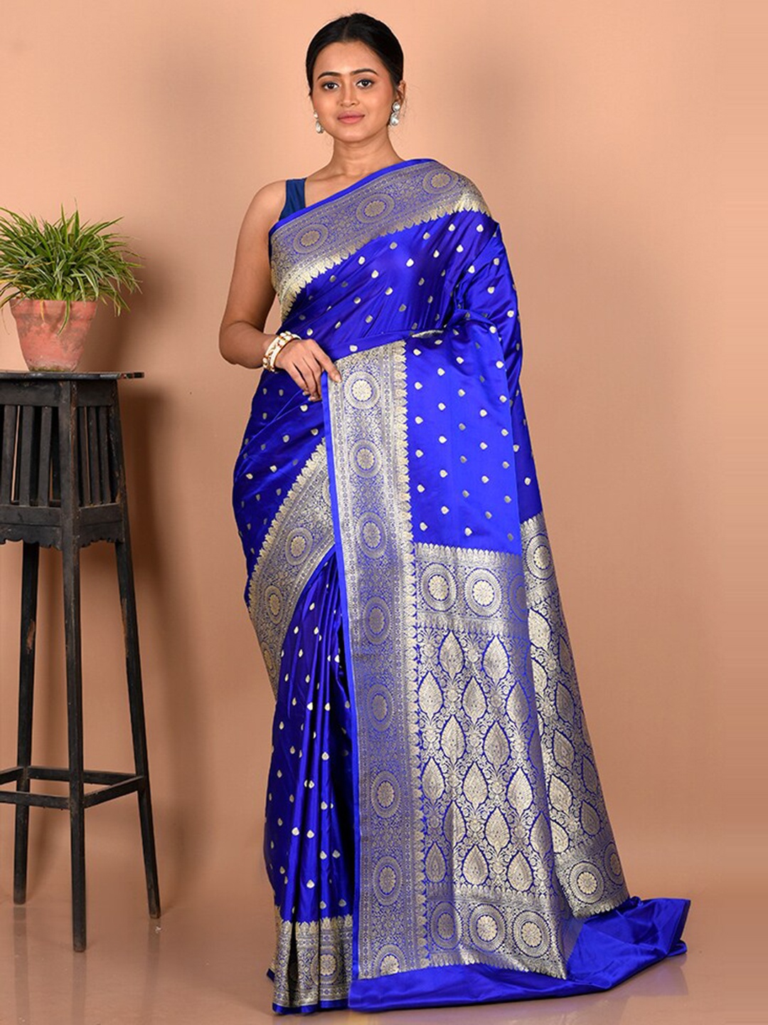 

AllSilks Ethnic Motifs Zari Banarasi Silk Blend Saree, Blue