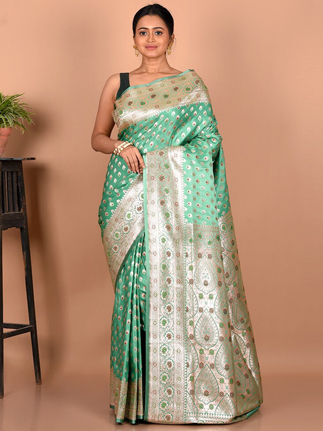 

AllSilks Ethnic Motifs Zari Banarasi Silk Blend Saree, Sea green